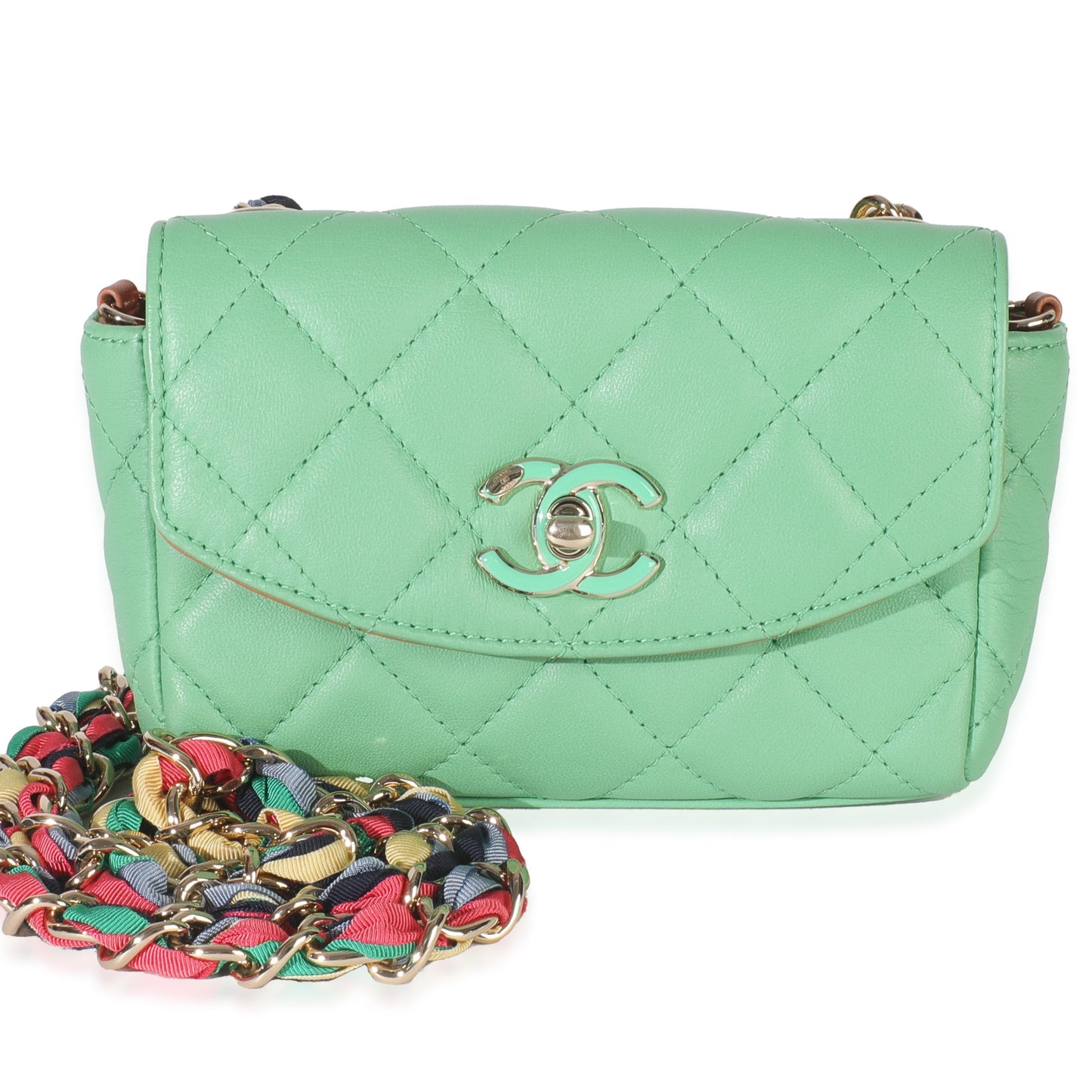 Chanel Green Quilted Lambskin Ribbon Chain Mini Flap Bag