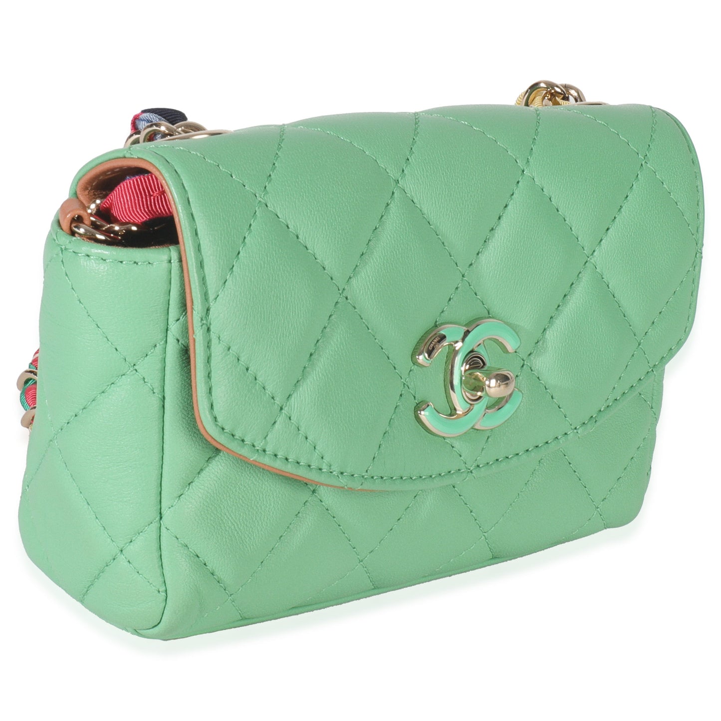 Chanel Green Quilted Lambskin Ribbon Chain Mini Flap Bag