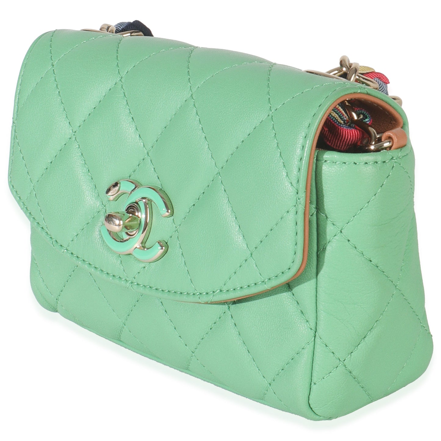 Chanel Green Quilted Lambskin Ribbon Chain Mini Flap Bag