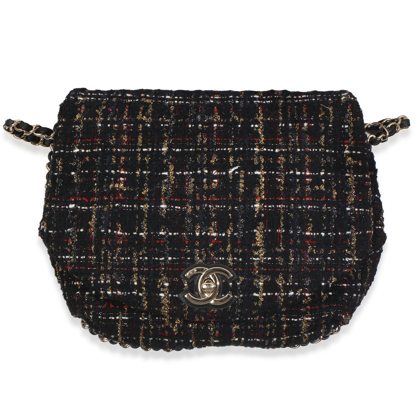Chanel Gold Multicolor Tweed Small Chain Around Saddle Flap Bag