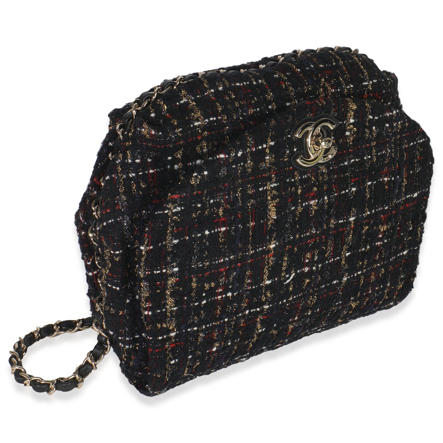 Chanel Gold Multicolor Tweed Small Chain Around Saddle Flap Bag