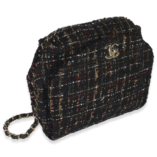 Chanel Gold Multicolor Tweed Small Chain Around Saddle Flap Bag