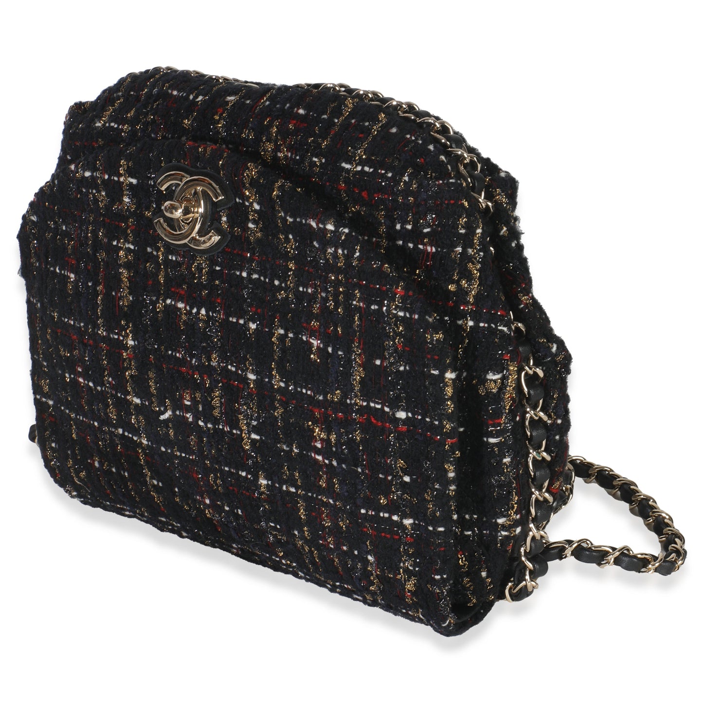 Chanel Gold Multicolor Tweed Small Chain Around Saddle Flap Bag
