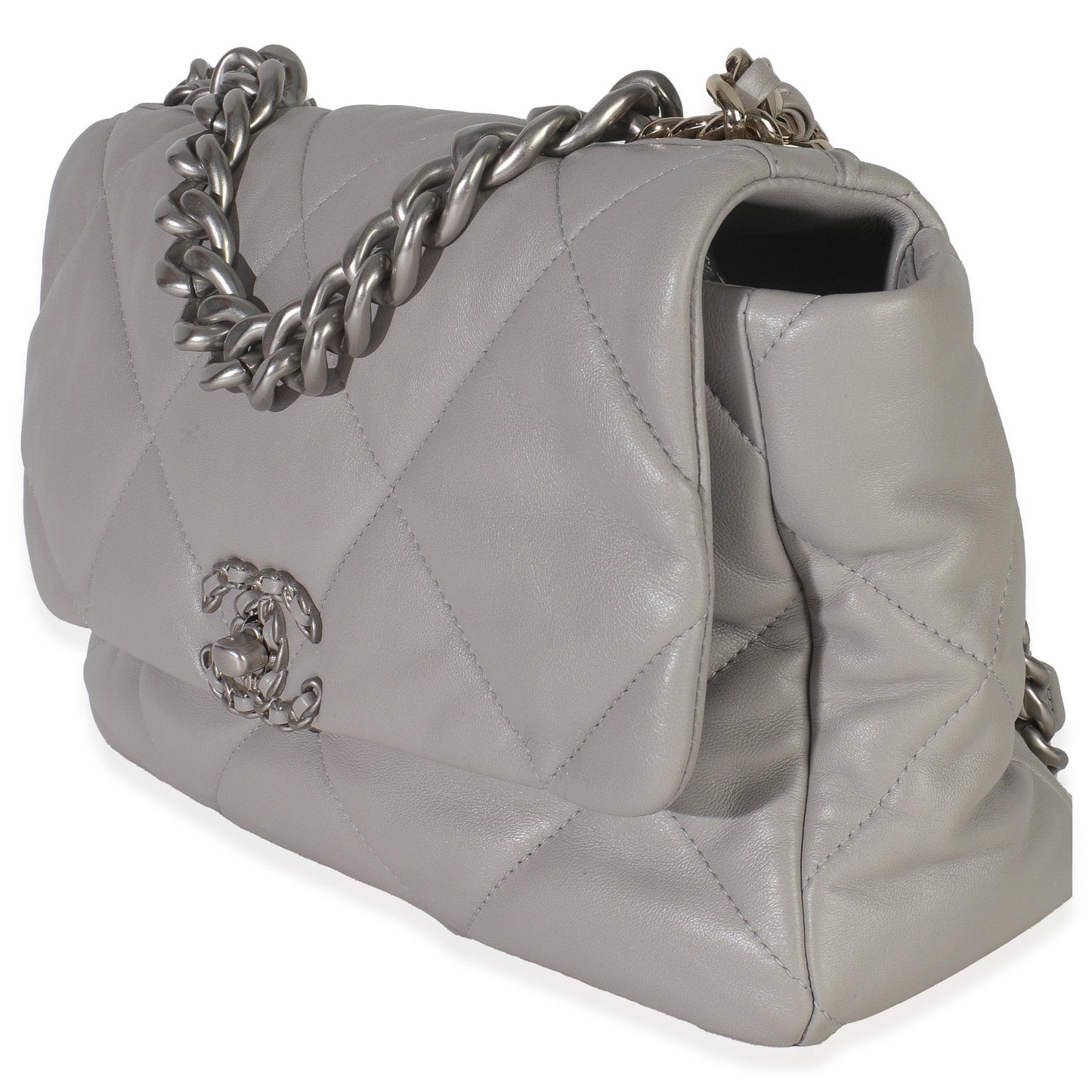 Chanel Grey Shiny Quilted Lambskin Large Chanel 19 Flap Bag