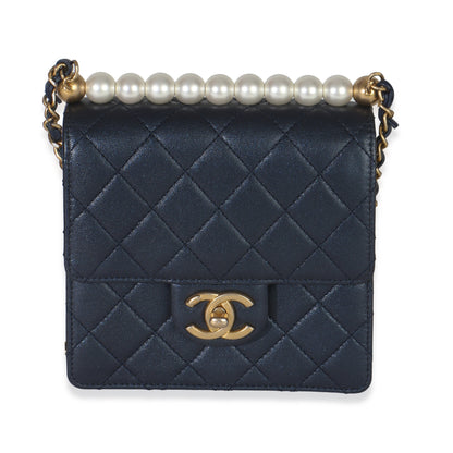 Chanel Navy Iridescent Quilted Goatskin Vertical Chic Pearls Flap Bag