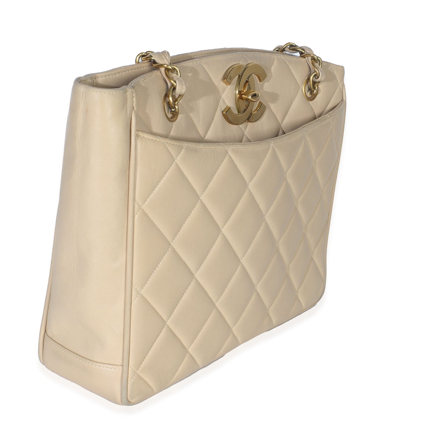 Chanel  Beige Quilted Lambskin CC Shoulder Tote
