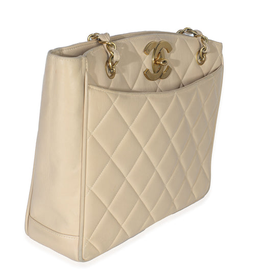 Chanel  Beige Quilted Lambskin CC Shoulder Tote