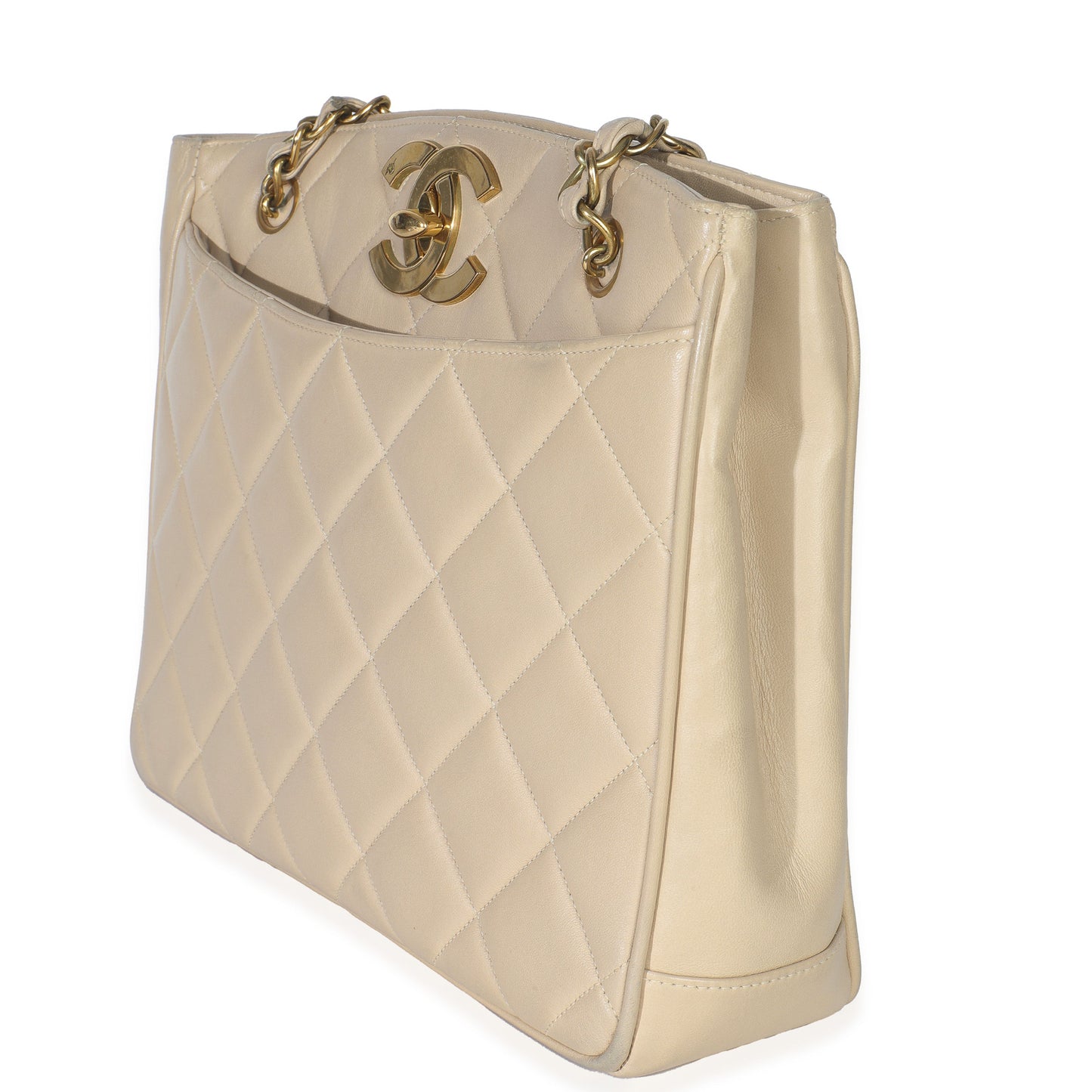 Chanel  Beige Quilted Lambskin CC Shoulder Tote