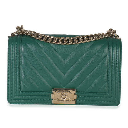 Chanel Dark Green Chevron Caviar Old Medium Boy Handbag