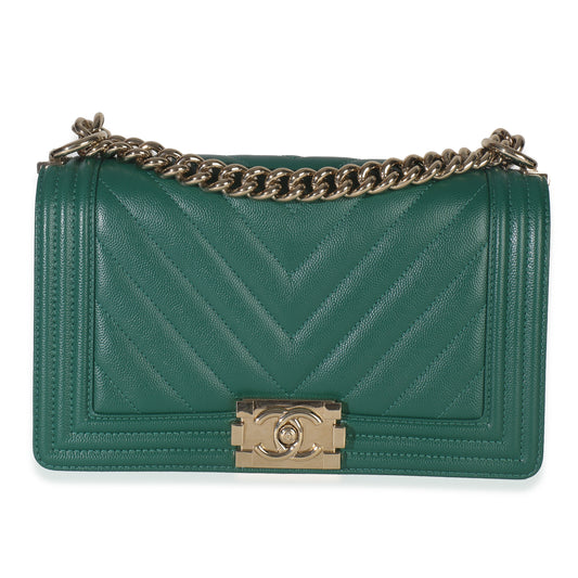 Chanel Dark Green Chevron Caviar Old Medium Boy Handbag