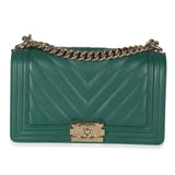 Chanel Dark Green Chevron Caviar Old Medium Boy Handbag