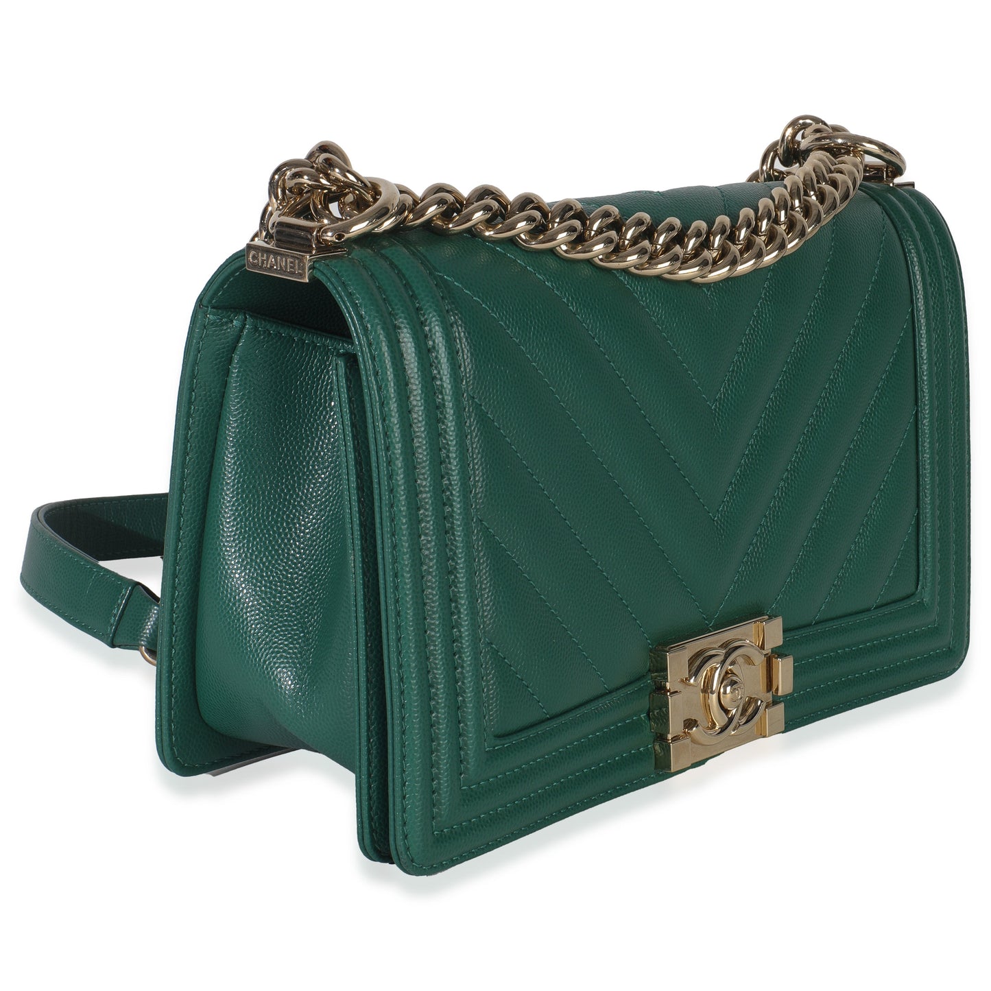 Chanel Dark Green Chevron Caviar Old Medium Boy Handbag