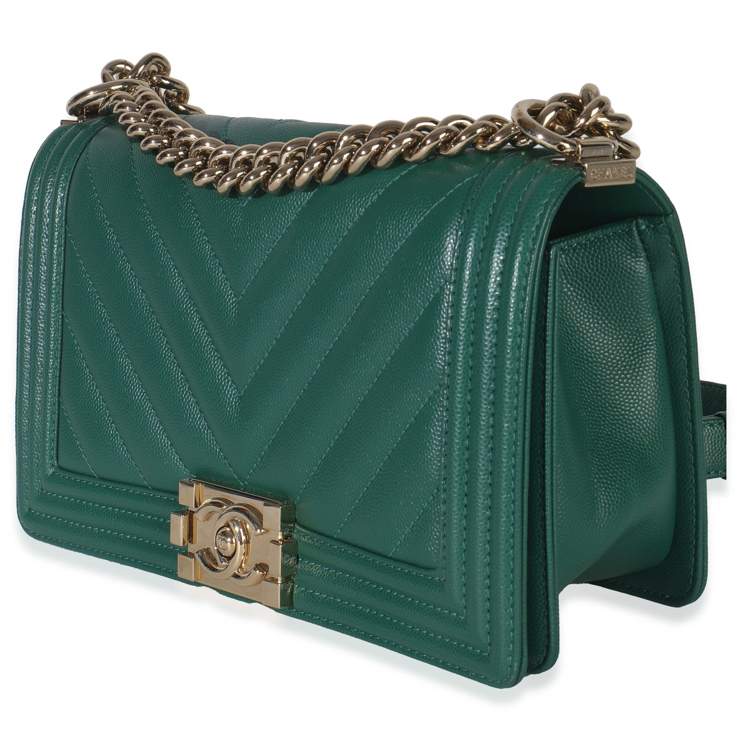 Chanel Dark Green Chevron Caviar Old Medium Boy Handbag