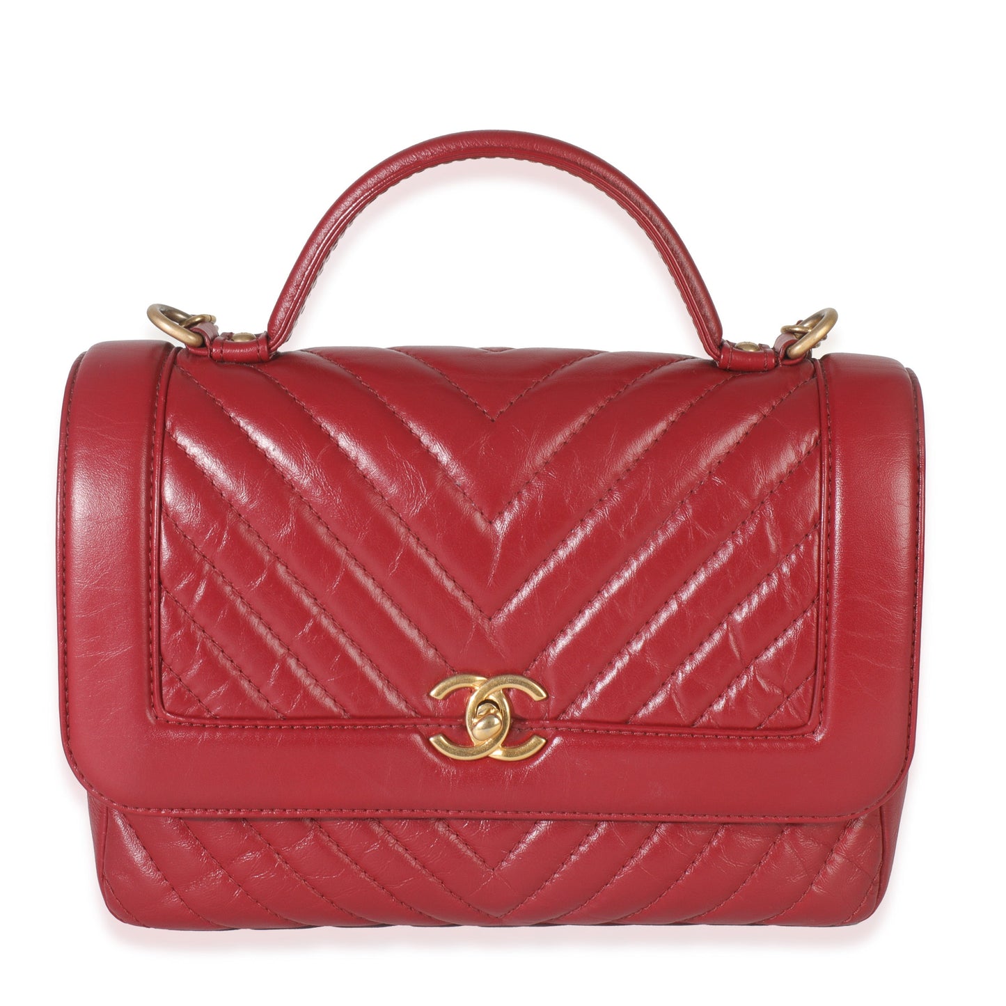 Chanel Red Chevron Calfskin Top Handle Flap Bag