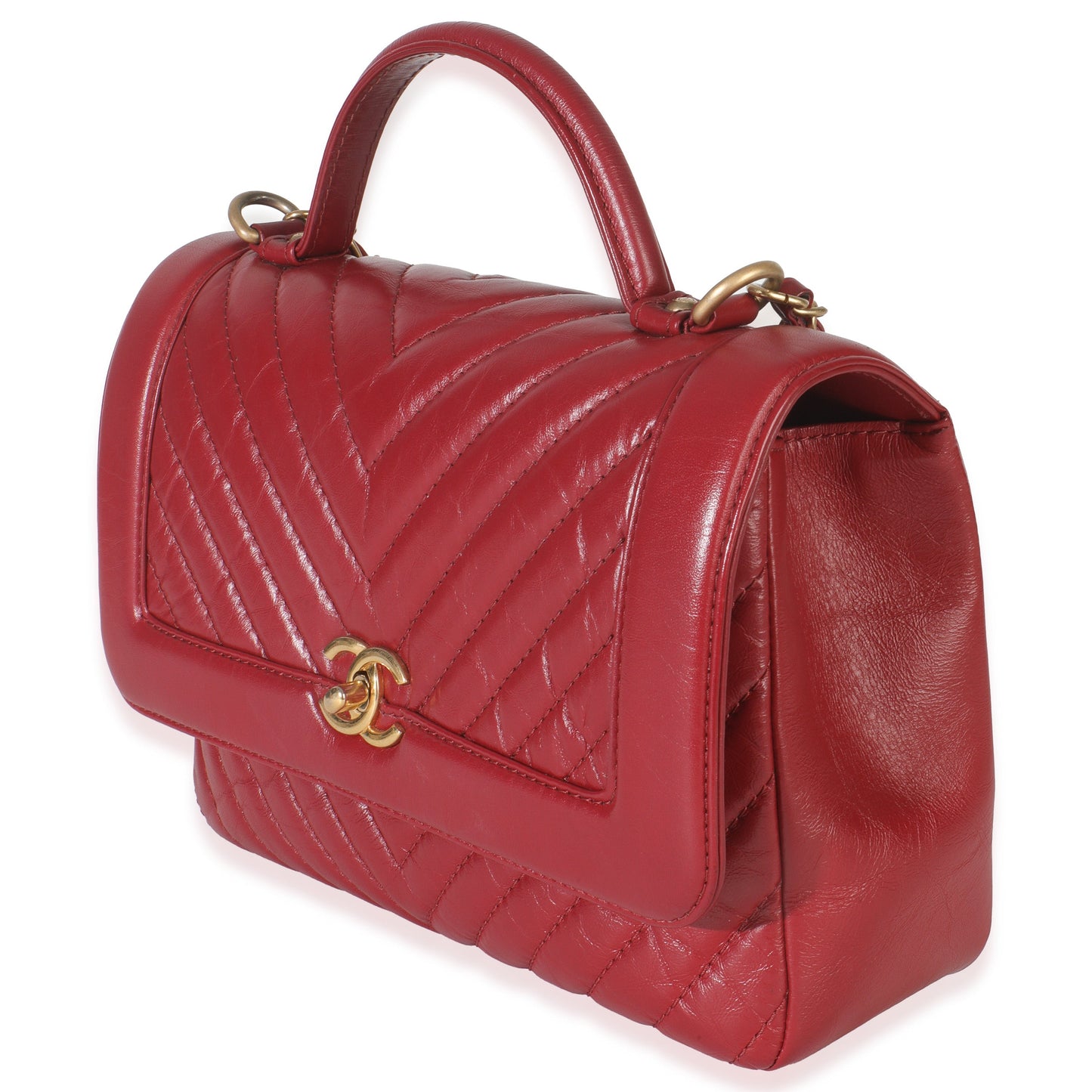 Chanel Red Chevron Calfskin Top Handle Flap Bag