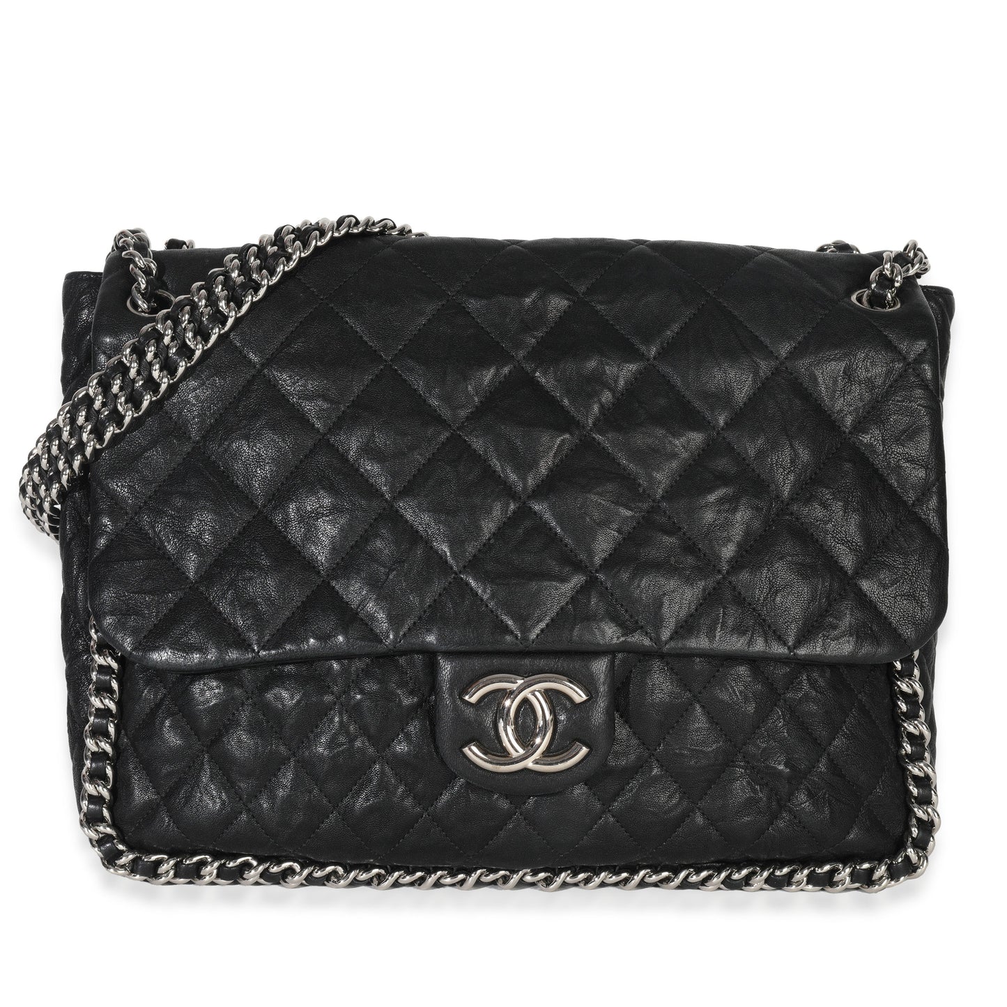 Chanel Black Quilted Washed Lambskin Chain Around Maxi Flap Bag