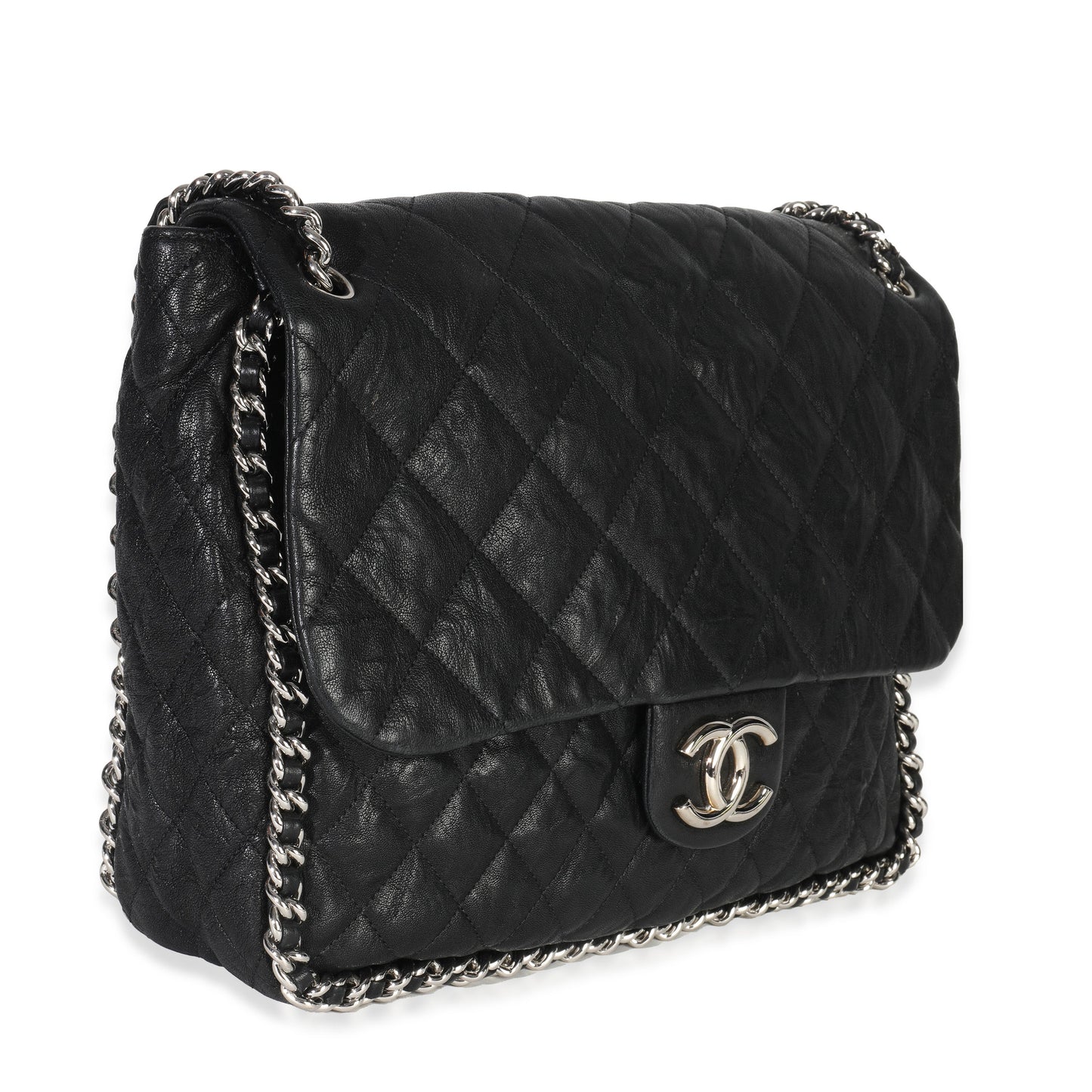 Chanel Black Quilted Washed Lambskin Chain Around Maxi Flap Bag