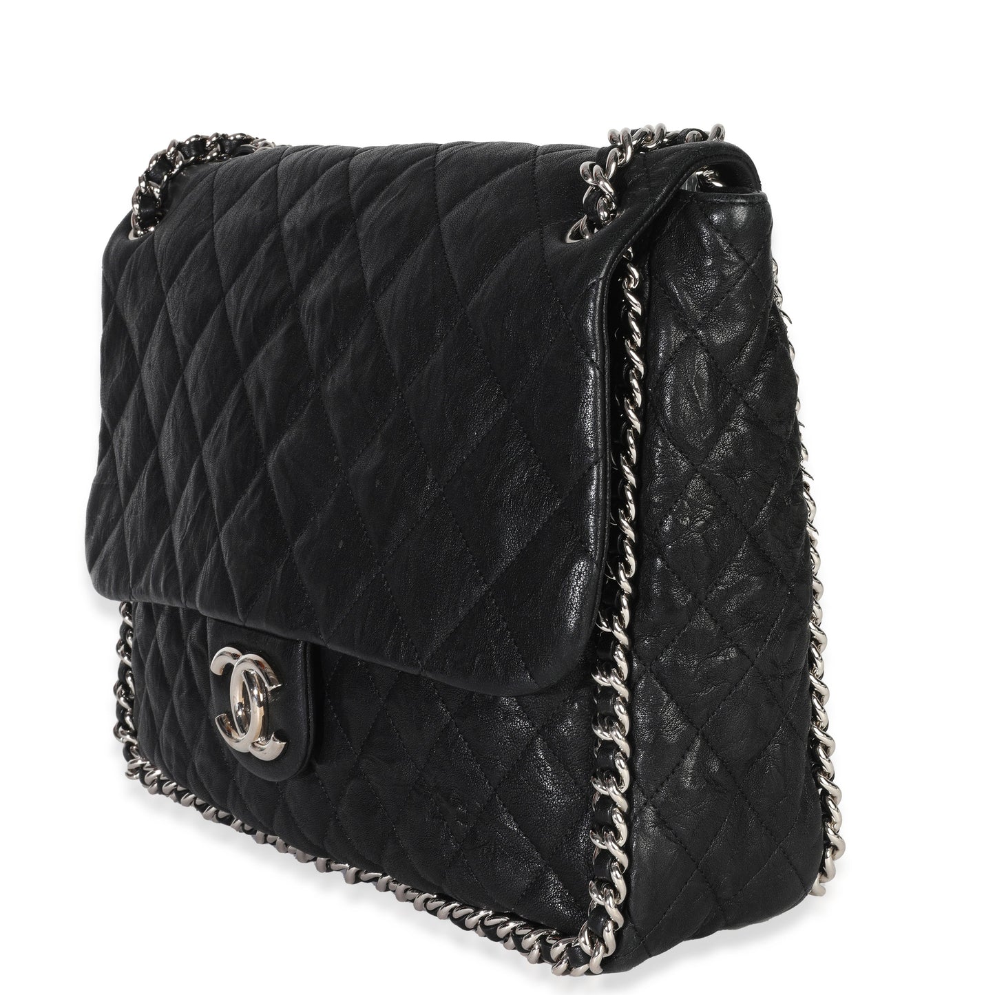 Chanel Black Quilted Washed Lambskin Chain Around Maxi Flap Bag