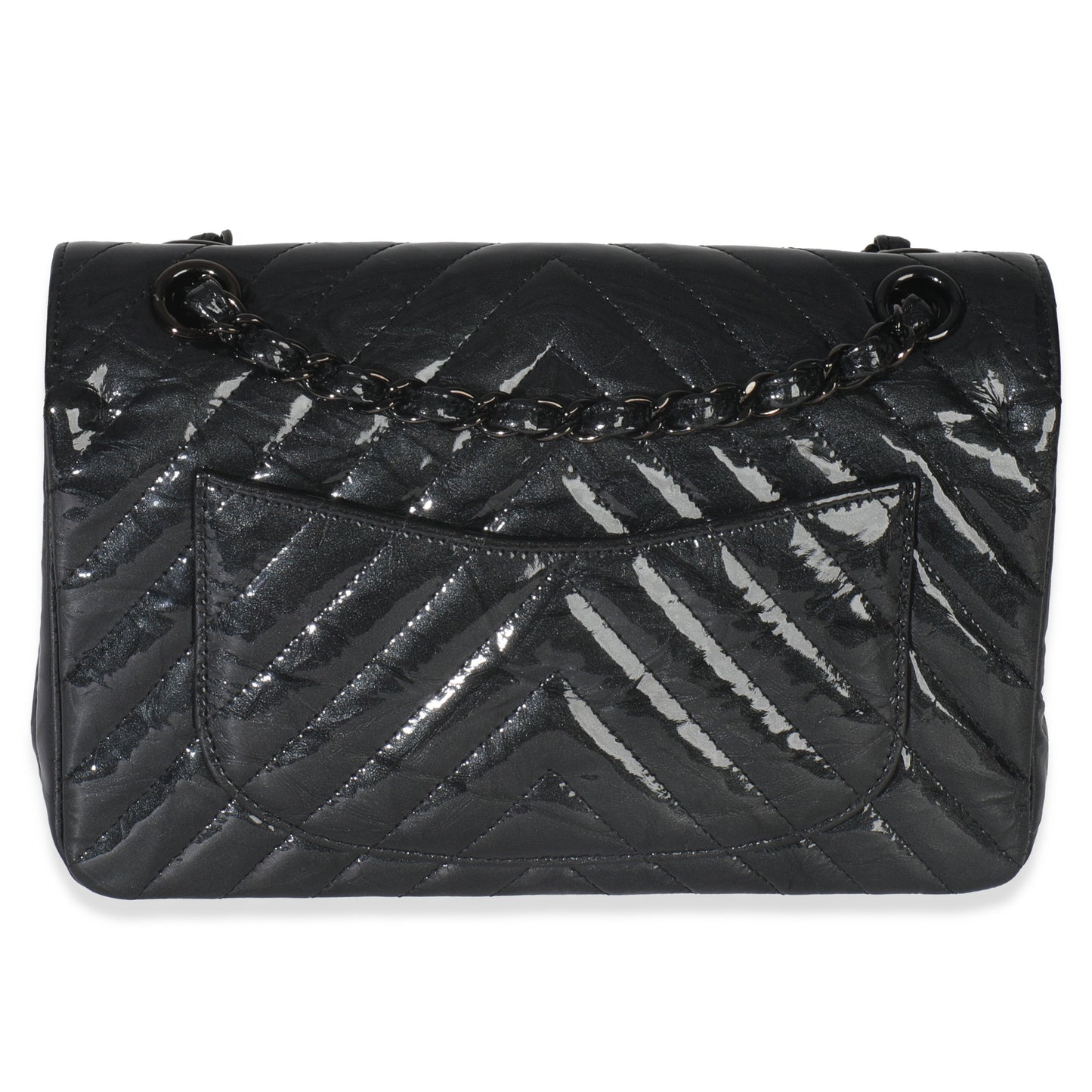 Chanel Black Metallic Chevron Crumpled Patent Small Classic Double Flap Bag