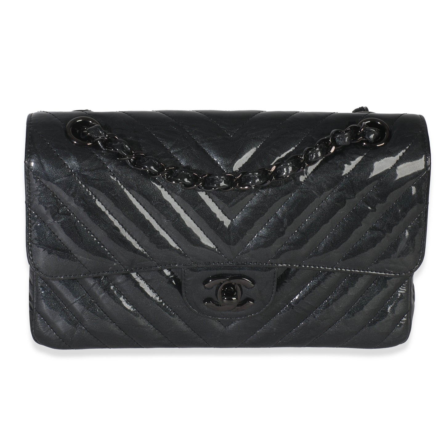 Chanel Black Metallic Chevron Crumpled Patent Small Classic Double Flap Bag