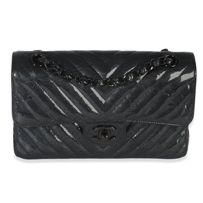 Chanel Black Metallic Chevron Crumpled Patent Small Classic Double Flap Bag