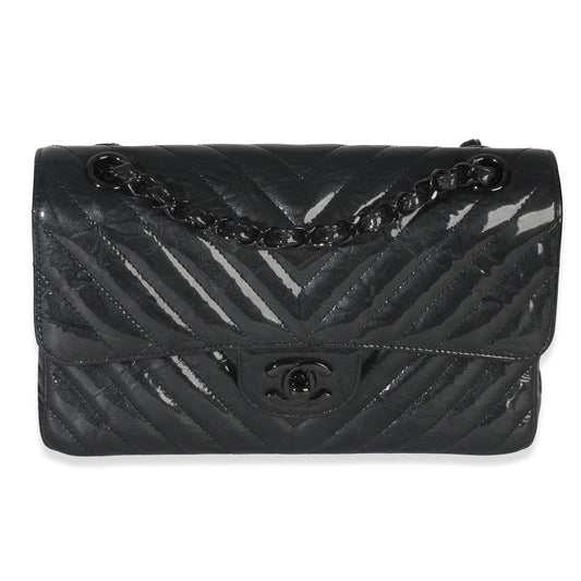 Chanel Black Metallic Chevron Crumpled Patent Small Classic Double Flap Bag