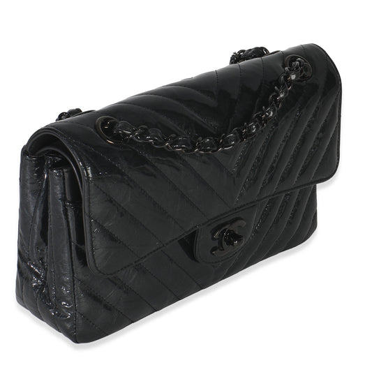 Chanel Black Metallic Chevron Crumpled Patent Small Classic Double Flap Bag