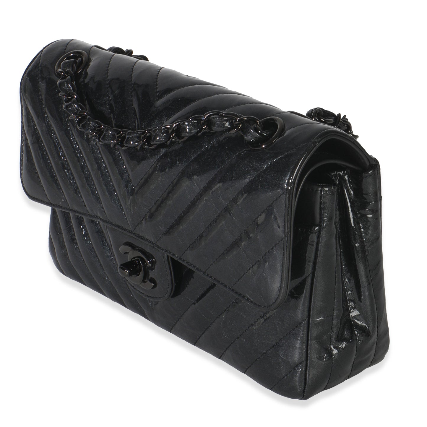 Chanel Black Metallic Chevron Crumpled Patent Small Classic Double Flap Bag