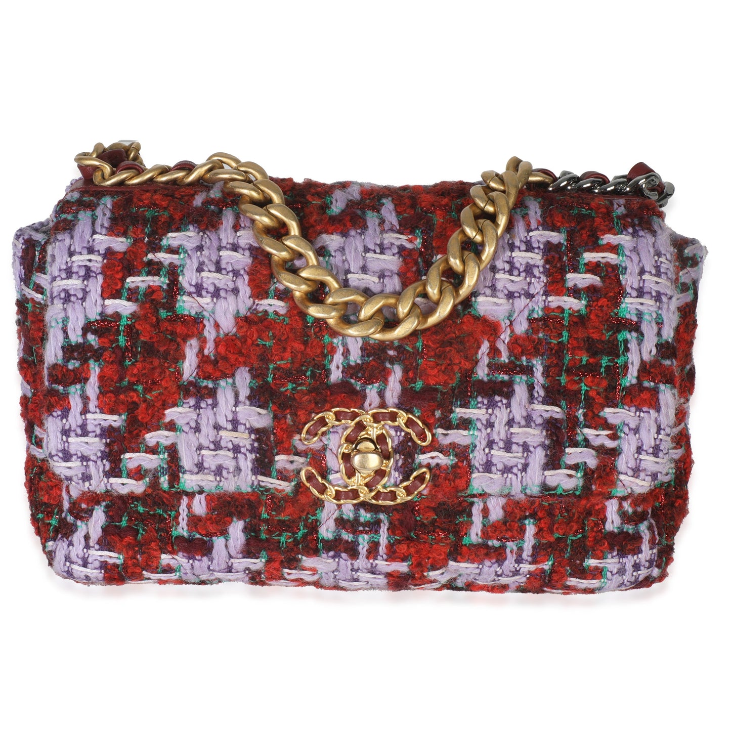 Chanel Purple Red Quilted Tweed Small Chanel 19 Flap Bag