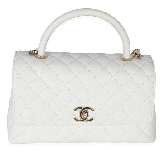 Chanel White Quilted Caviar Medium Coco Top Handle Bag