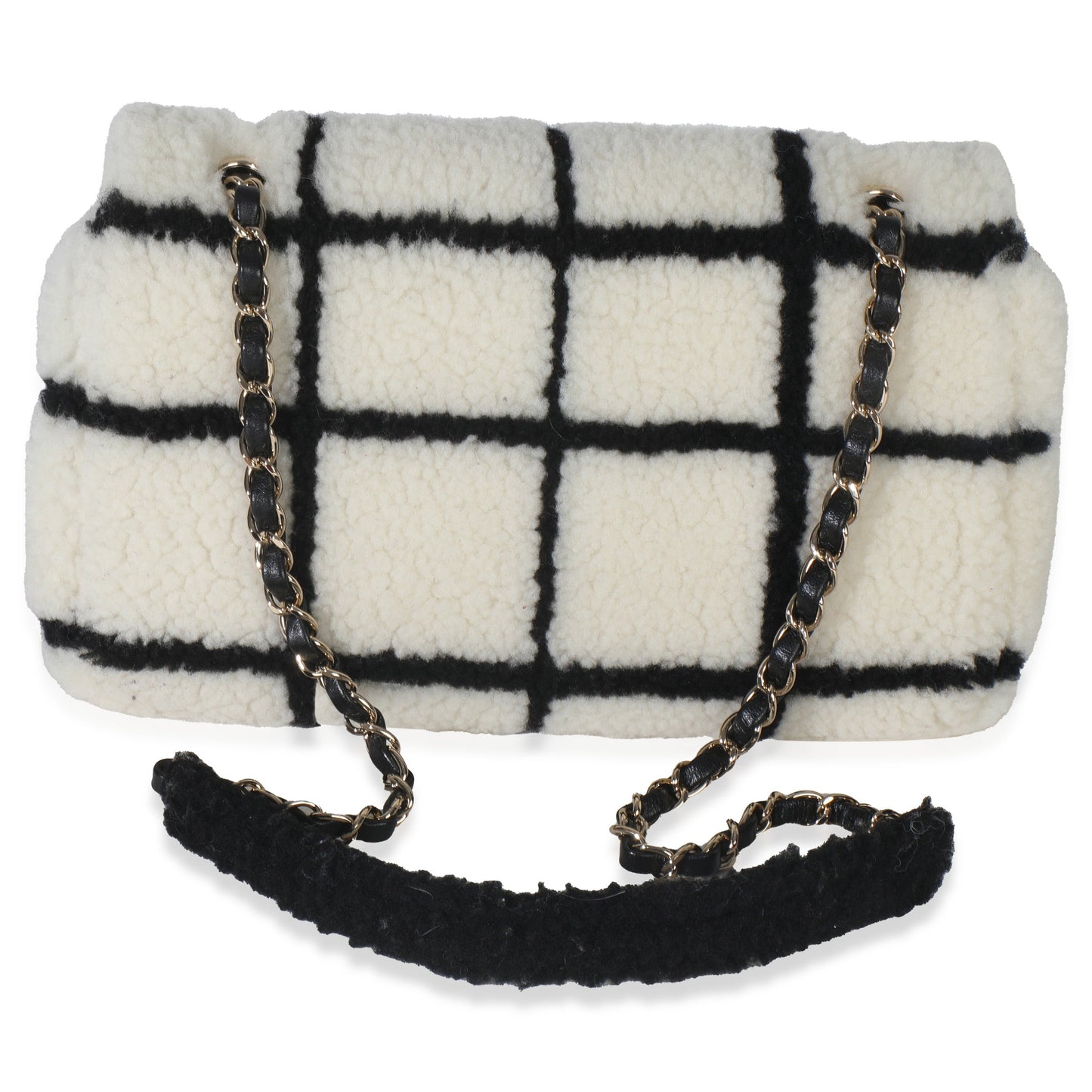 Chanel Black White CC Square Print Shearling Medium Flap Bag