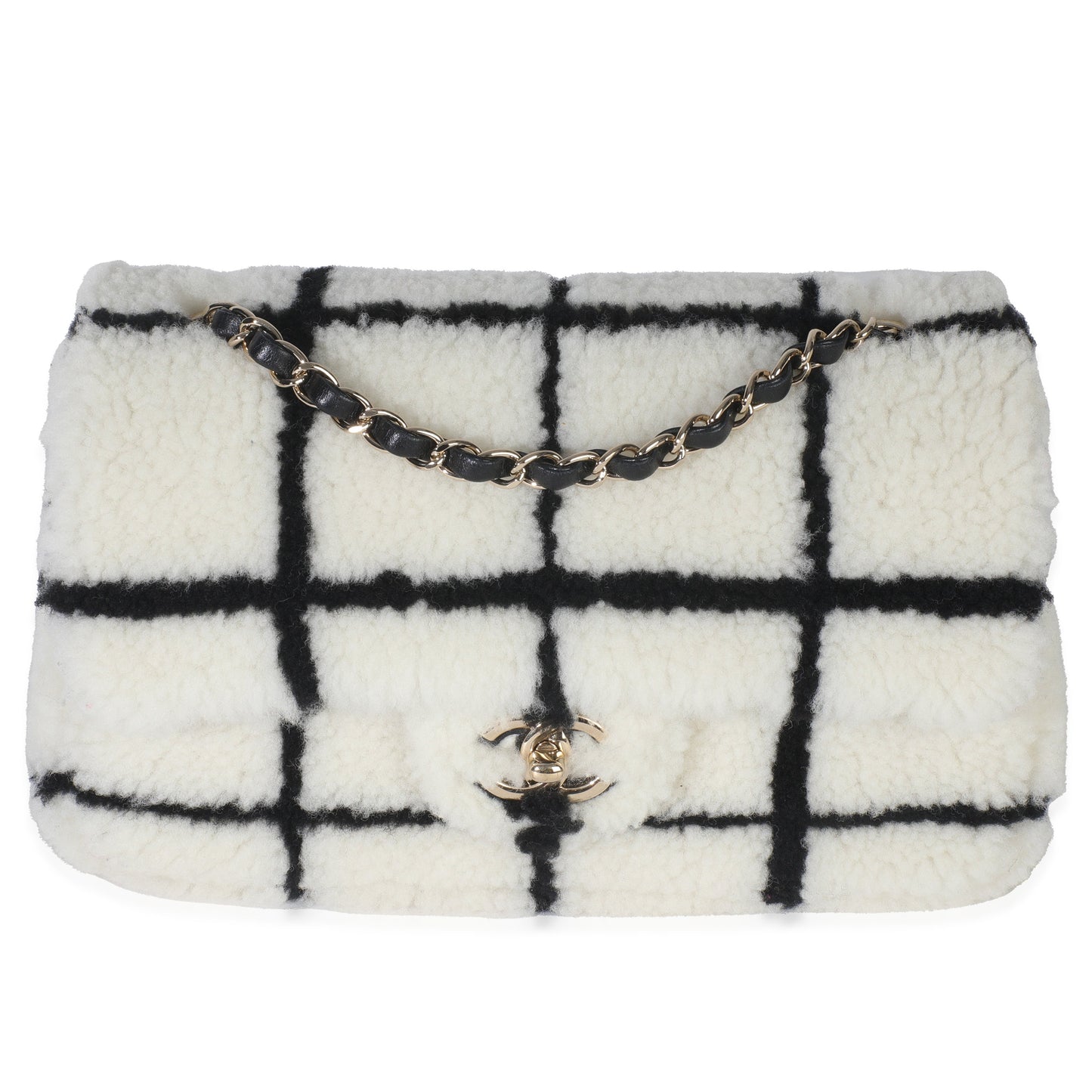 Chanel Black White CC Square Print Shearling Medium Flap Bag