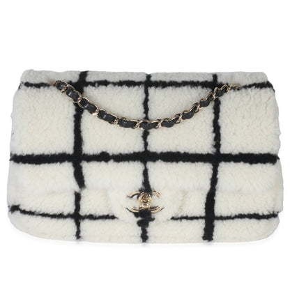 Chanel Black White CC Square Print Shearling Medium Flap Bag