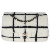 Chanel Black White CC Square Print Shearling Medium Flap Bag