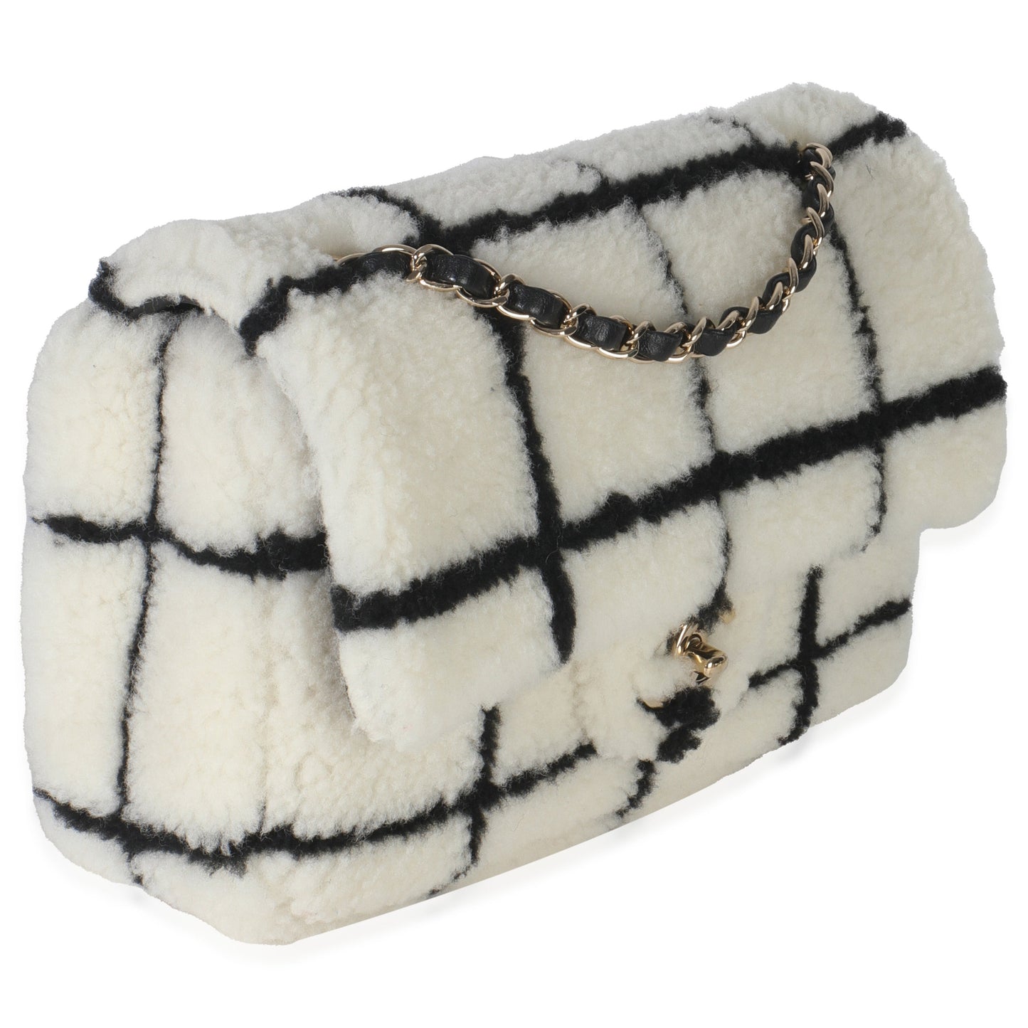 Chanel Black White CC Square Print Shearling Medium Flap Bag
