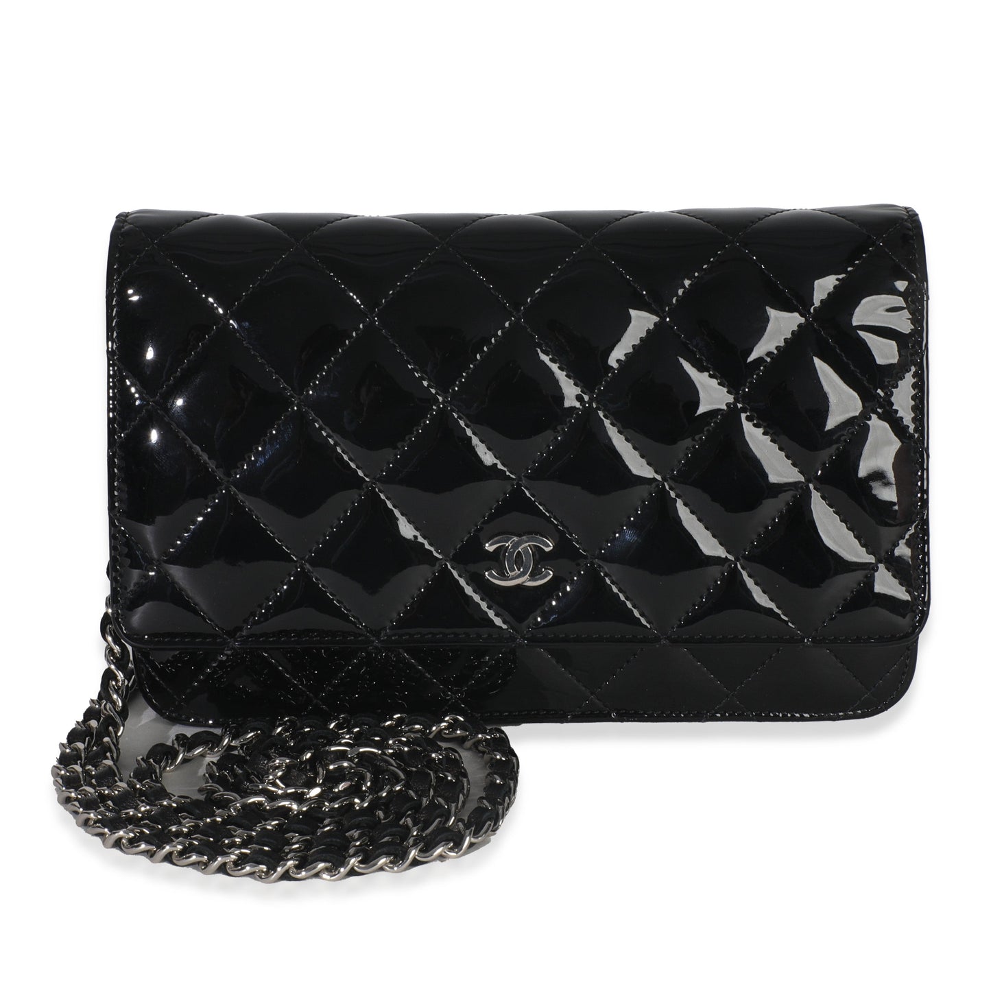 Chanel Black Quilted Patent Classic Wallet On Chain