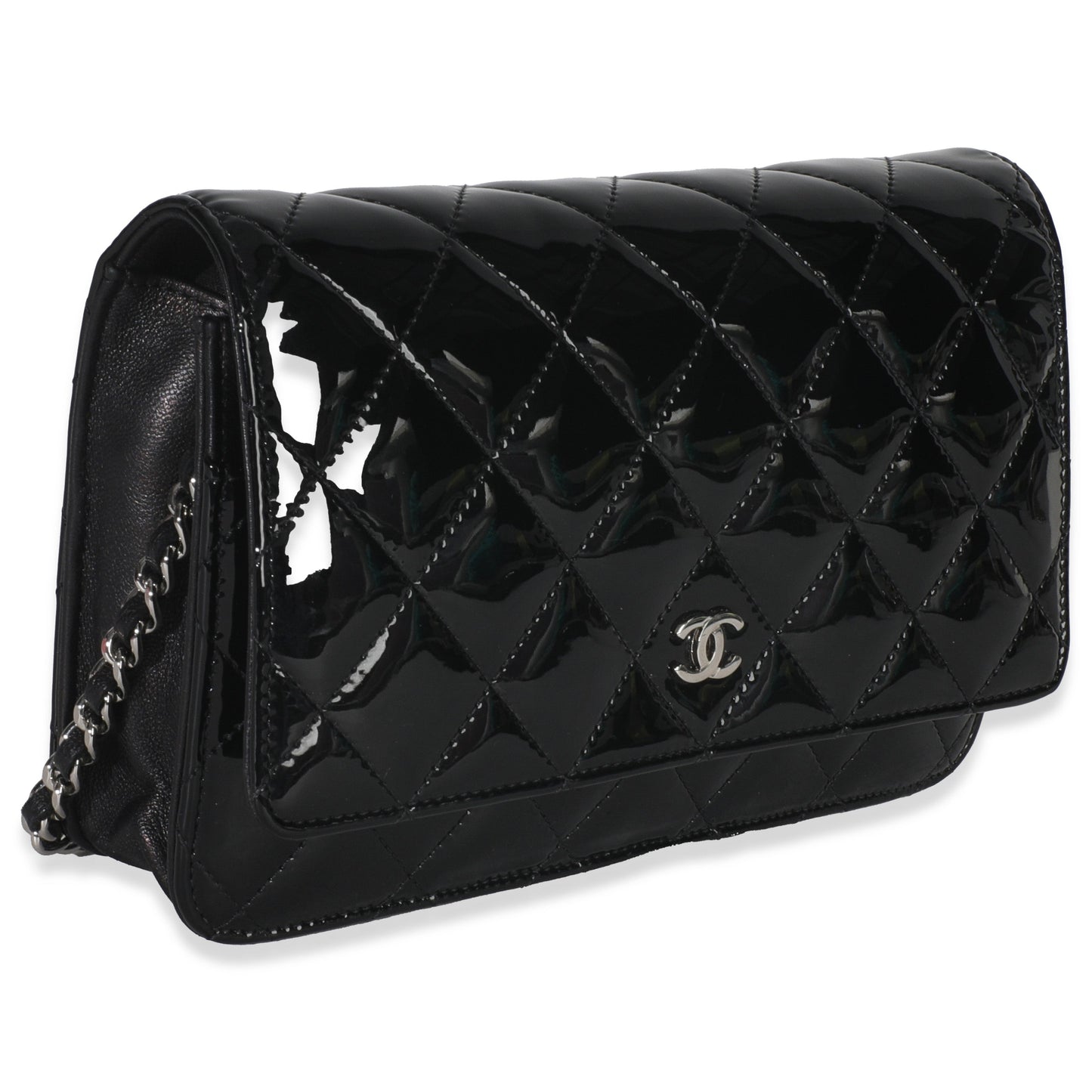 Chanel Black Quilted Patent Classic Wallet On Chain