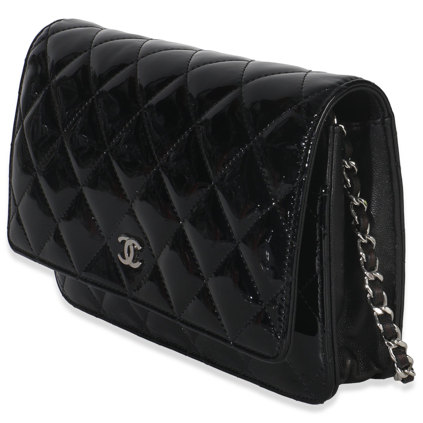 Chanel Black Quilted Patent Classic Wallet On Chain