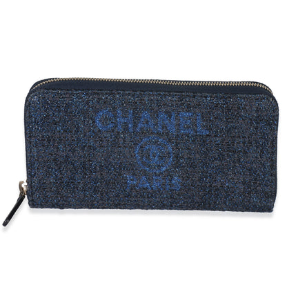 Chanel Blue Metallic Lurex Canvas Deauville Zip Around Wallet