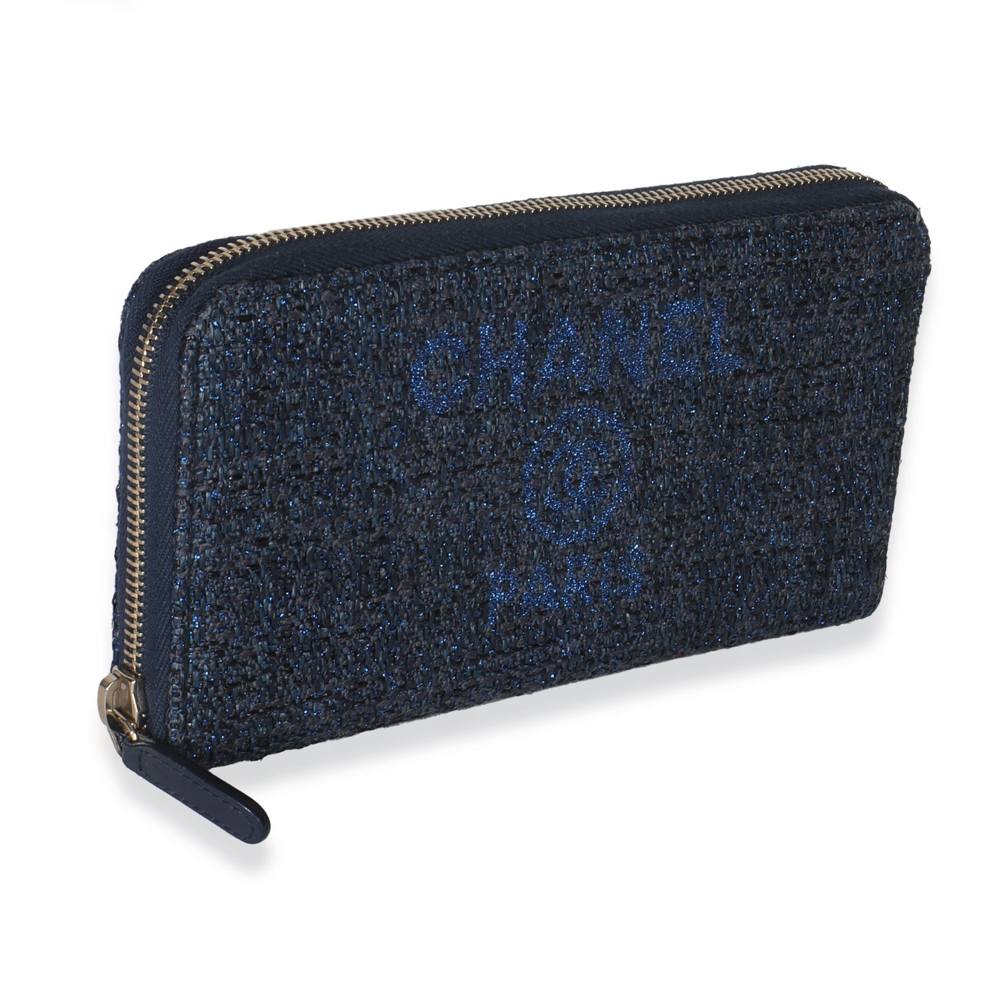 Chanel Blue Metallic Lurex Canvas Deauville Zip Around Wallet