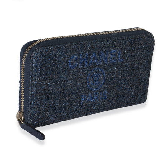 Chanel Blue Metallic Lurex Canvas Deauville Zip Around Wallet