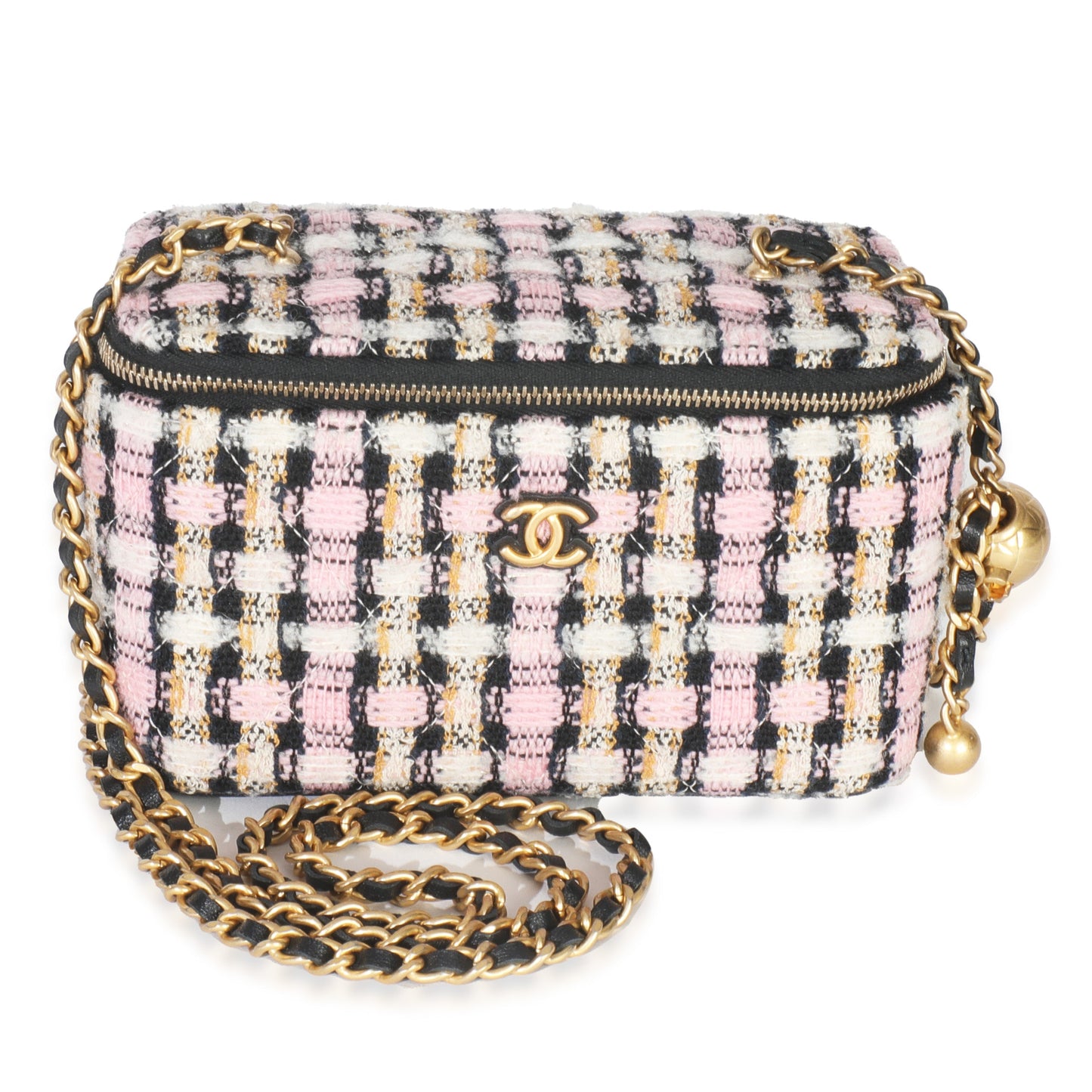 Chanel Pink Multicolor Tweed Pearl Crush Vanity Case With Chain