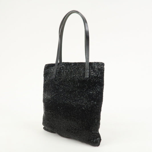 FENDI Logo Beads Leather Hand Bag Tote Bag Black