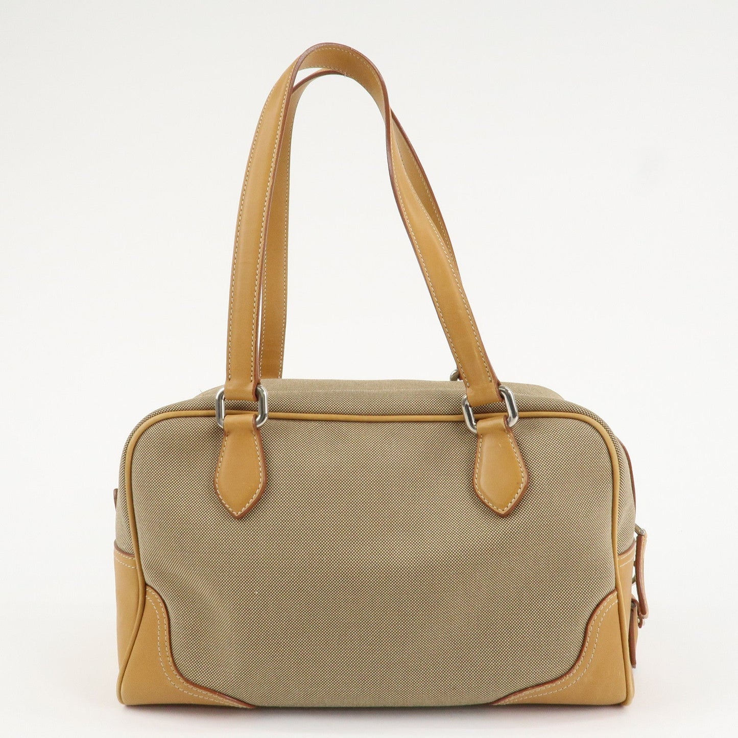 PRADA Logo Jacquard Leather Boston Bag Shoulder Bag Beige  d