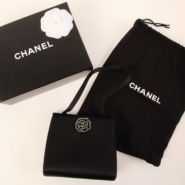 CHANEL Around 2000 Made Silk Satin Rhinestone Camellia Cc Mark Mini Top Handle Bag Black