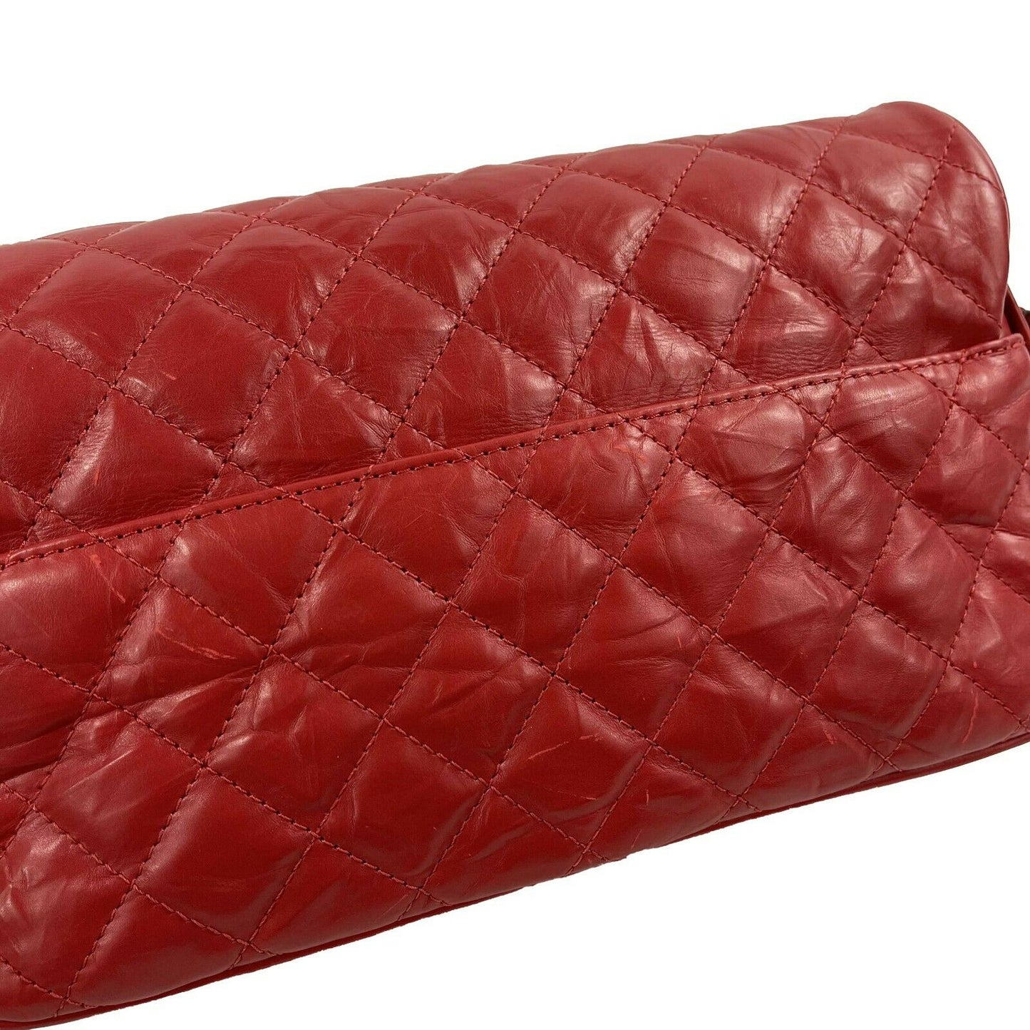 CHANEL Red Crinkled Leather Boy Chain Flap Bag / Silver-Aged - Shoulder Bag
