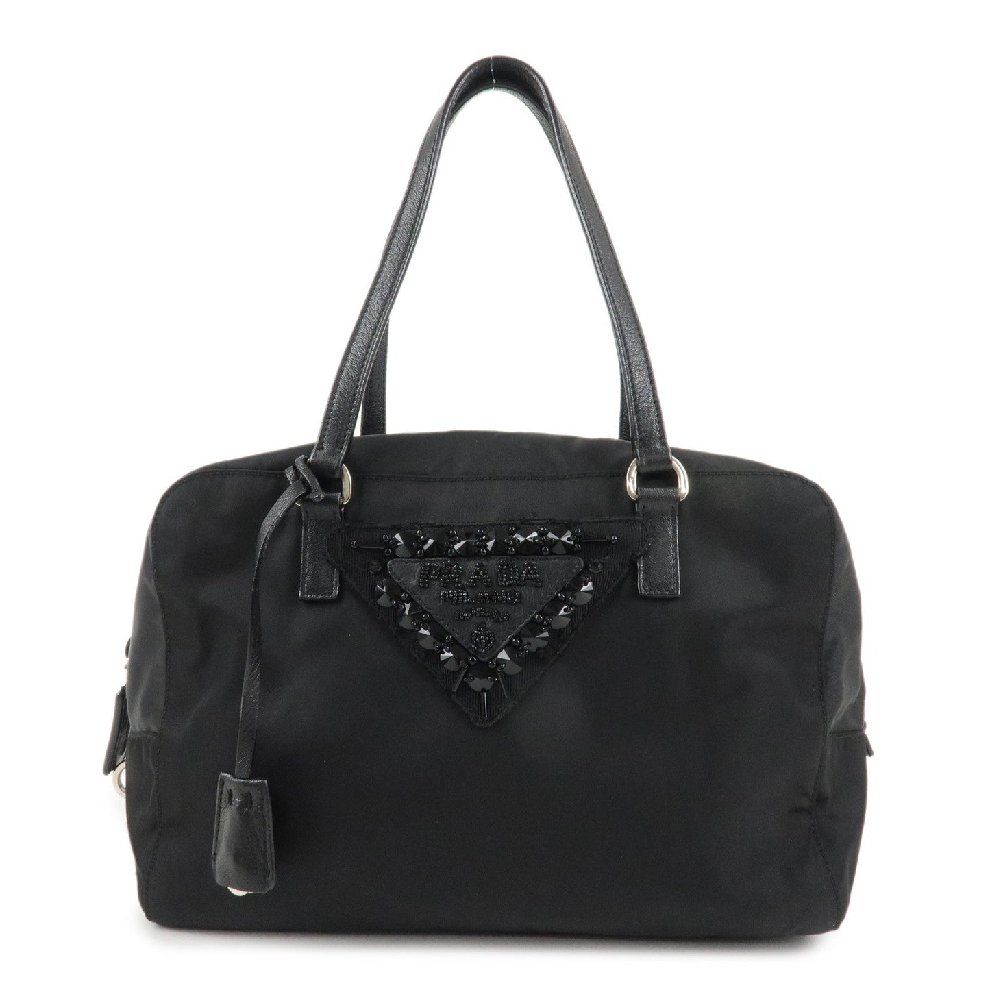 PRADA Evening Triangle Logo Leather Nylon Bijou Boston Bag Shoulder Bag  d