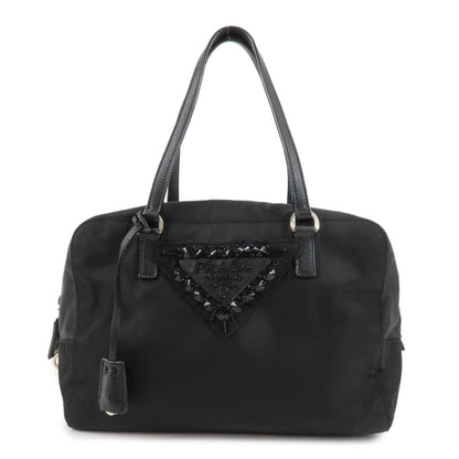 PRADA Evening Triangle Logo Leather Nylon Bijou Boston Bag Shoulder Bag  d