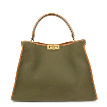 FENDI Peekaoo Canvas Leather Hand Bag Khaki Brown 8BN304