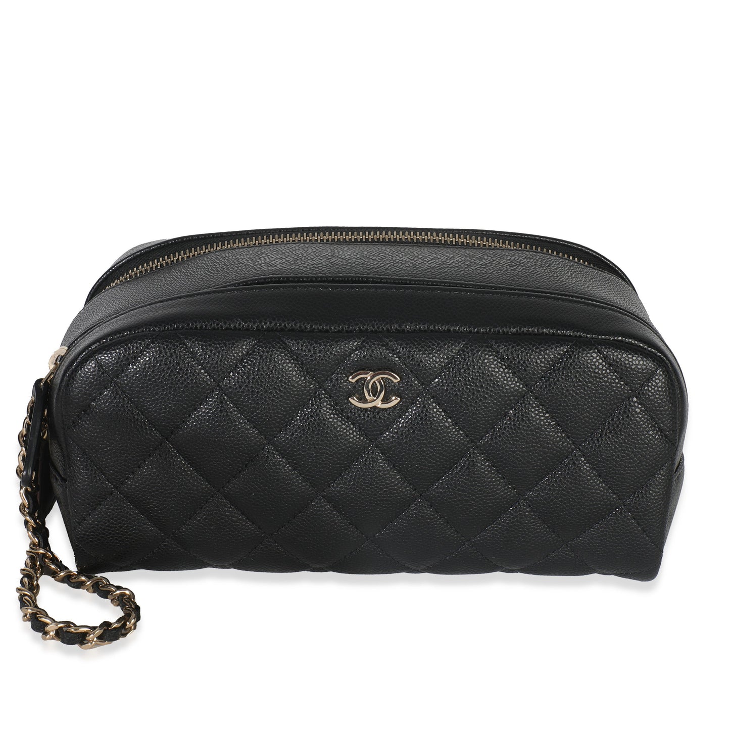 Chanel Black Quilted Caviar Toiletry Case With Chain